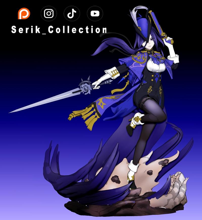 Clorinde from Genshin Impact in a dynamic pose, holding a sword and pistol, wearing a blue and black outfit with a ha...