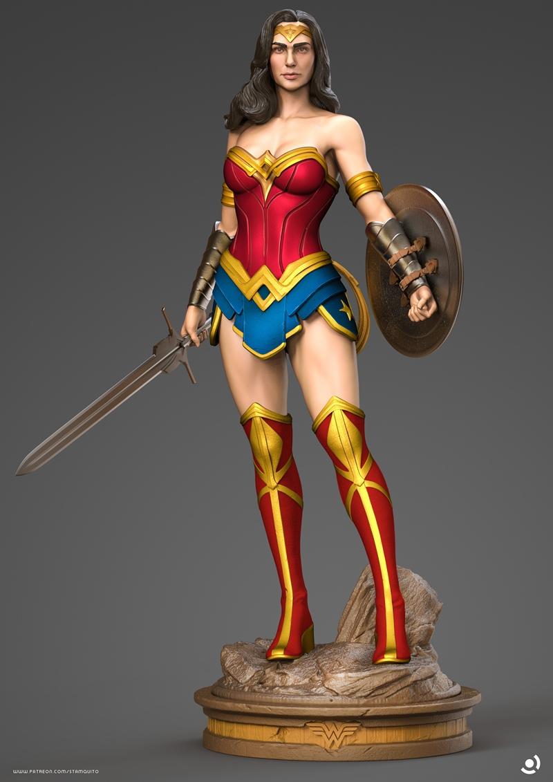 Stalyn Quito 3D model of Wonder Woman in full costume, holding a sword and shield, standing on a rocky base with the...