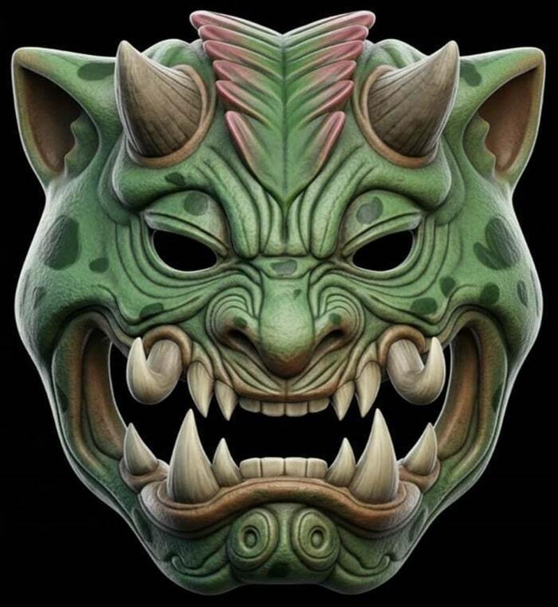 Green demon-like Menpo mask with sharp fangs, two curved horns, and textured skin with dark spots, against a black ba...