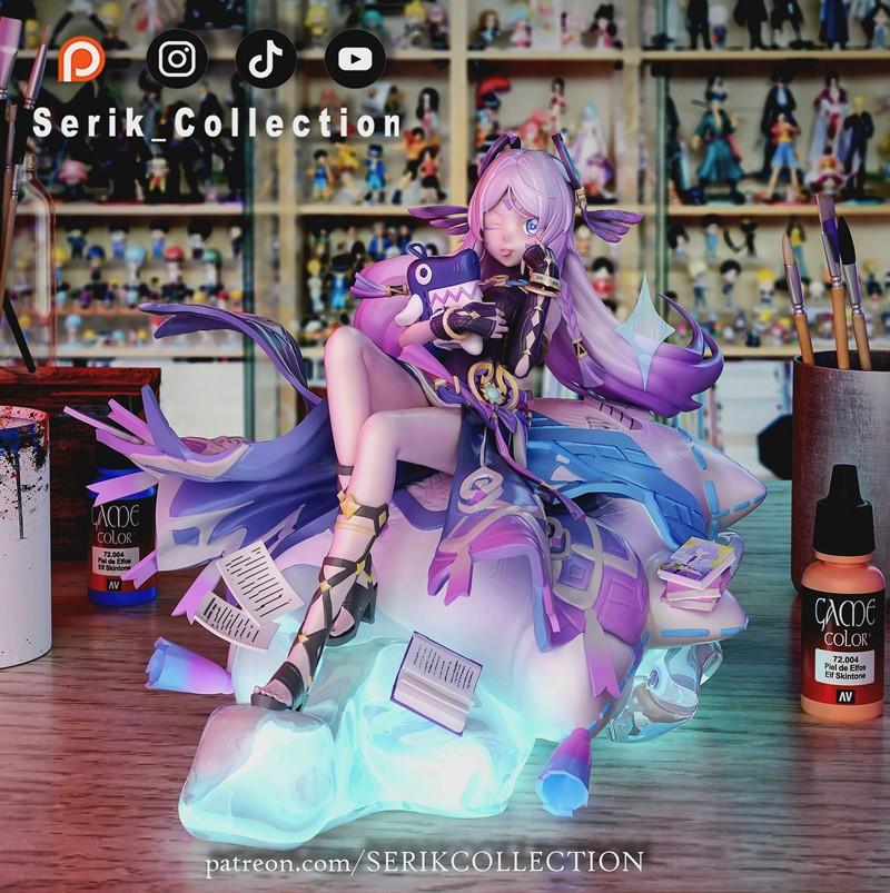 Serik Collection 3D model of Citlali sitting on a glowing fantasy base, holding a plush toy, with purple hair and orn...