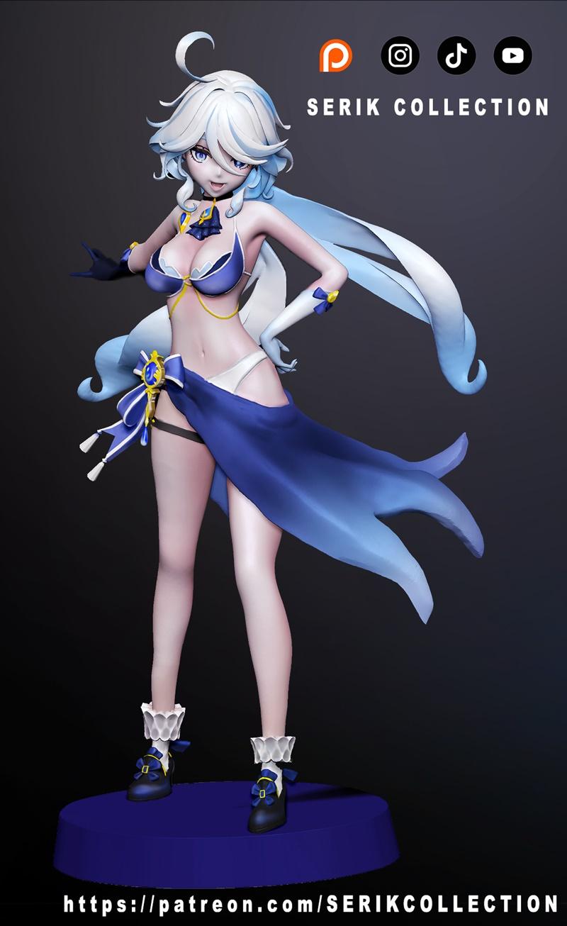 Furina from Genshin Impact in a blue and white swimsuit, with flowing blue hair and skirt, wearing ornate shoes and g...