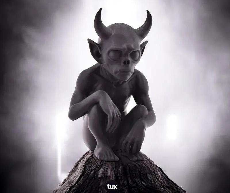 A 3D model of the Abyss Guardian, a small demon with horns and large ears, crouching on a tree stump. Grayscale rende...