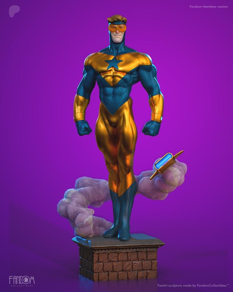 Booster Gold 3D model figure, wearing blue and gold superhero suit, standing heroically on a brick pedestal with smok...