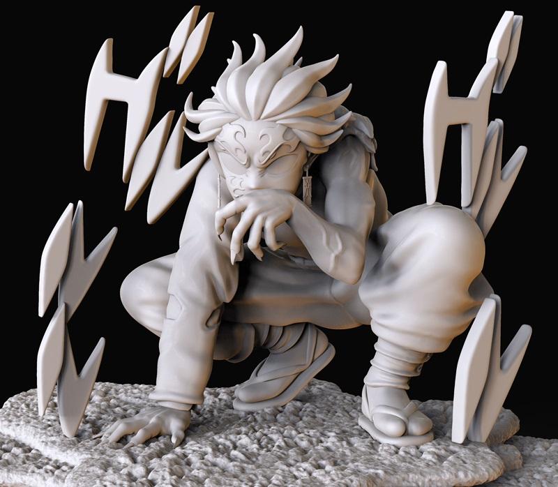 3D model of Tanjiro Kamado in a crouching action pose, wearing loose clothing and stylized markings, with sharp visua...