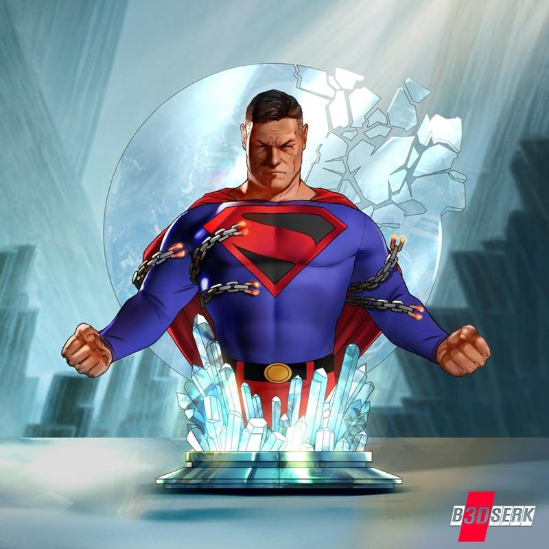 Superman Kingdom Come portrait bust by B3dserk, bound by chains, emerging from glowing crystals, with a cracked circu...