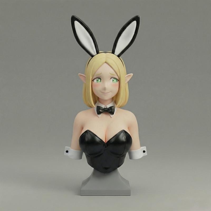 Bust of a blonde elf character with green eyes, wearing bunny ears and a black bow tie, with a revealing black corset...