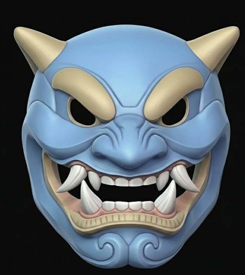 Blue Oni Menpo mask with tan accents, sharp teeth, and horns, presented on a black background.