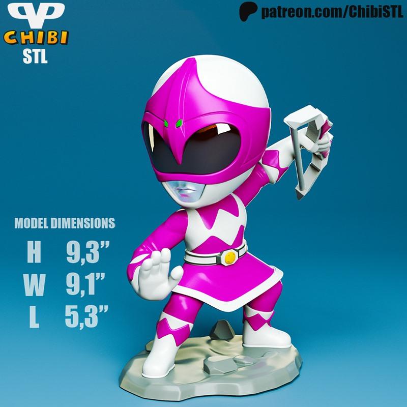 Chibi Pink Ranger 3D model from 3DXM, wearing a pink and white suit and helmet, holding a weapon, on a rocky base.
