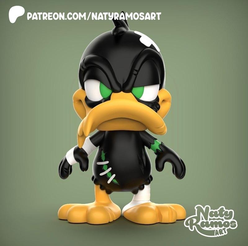 Stylized 3D model of Lucas Zombie, a black duck character with green eyes and a yellow beak, dressed as a zombie with...