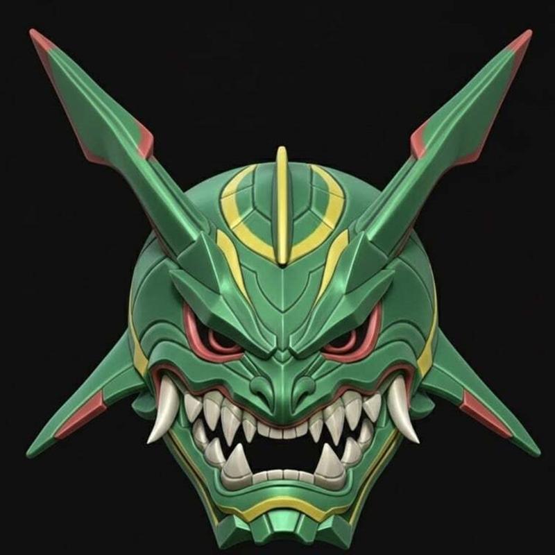 Green and yellow 3D model of a Rayquaza Menpo mask with sharp fangs and red eyes.