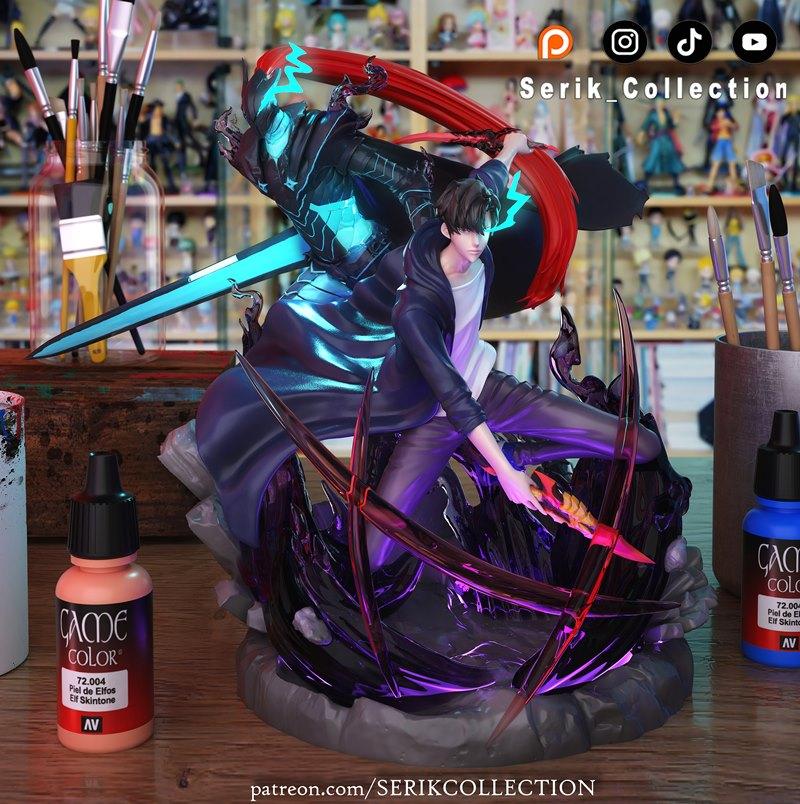 Sung Jinwoo and Igri diorama from Solo Leveling, dynamic combat pose with glowing swords and shadow effects, 3D model...
