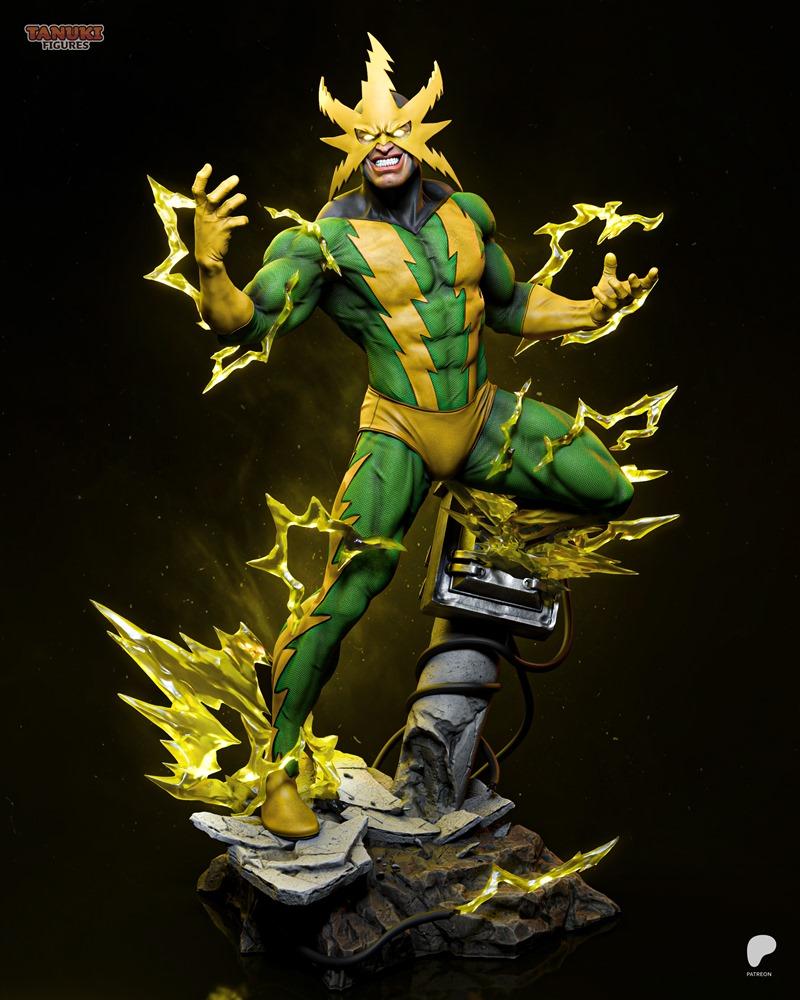 Electro figure in green and yellow suit, crackling with yellow lightning, on a rocky base. Tanuki Figures studio.