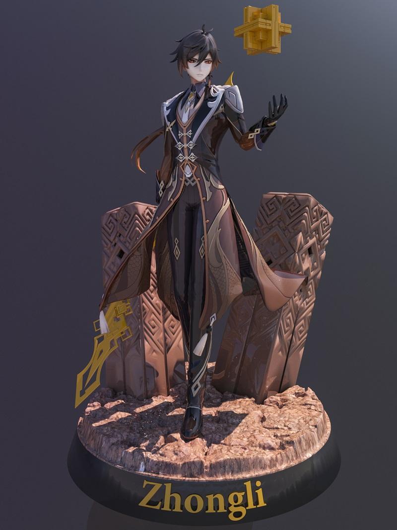 3D model of Zhongli from Genshin Impact, standing on a detailed base with stone pillars. He wears an ornate coat and...