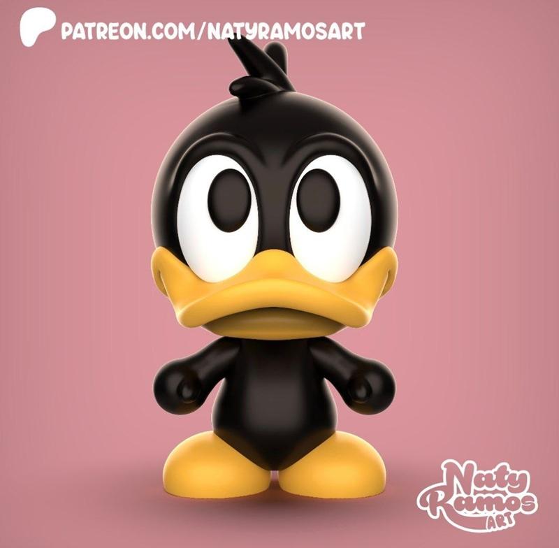 Chibi 3D model of Daffy Duck with large eyes and yellow feet, standing against a pink background. Studio logo visible.