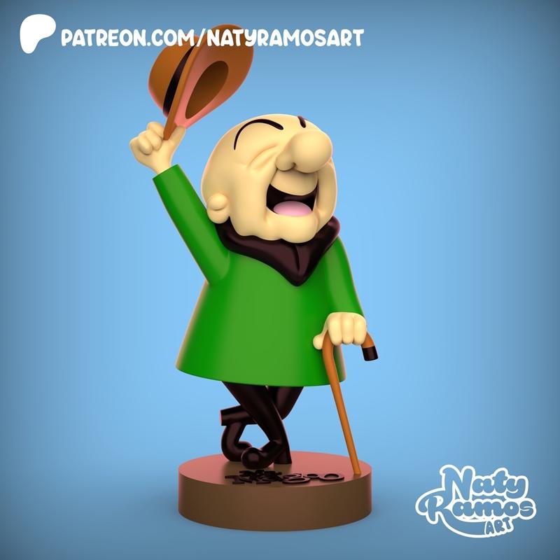 3D model of Mr. Magoo laughing, tipping his hat and holding a cane, wearing a green coat and dark pants, on a brown c...