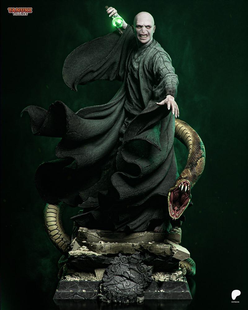 Lord Voldemort figure with flowing robes, holding a green vial, coiled by a snake on an ornate rocky base. Tanuki Fig...