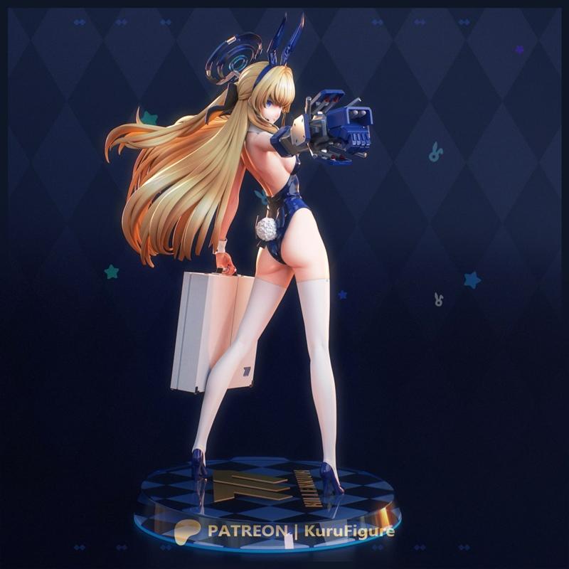 Asuma Toki from Blue Archive 3D model, wearing a blue bunny suit and white stockings, holding a weapon and briefcase,...