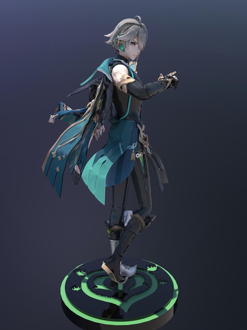 3D model figure of Alhaitham from Genshin Impact, standing on a glowing green and black base. He wears a teal and bla...