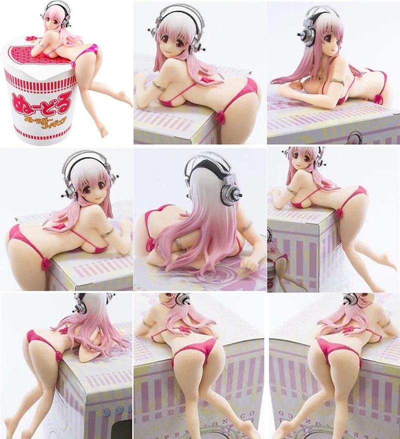 3D model of Super Sonico in a pink bikini, leaning against a giant instant noodle cup, wearing headphones.
