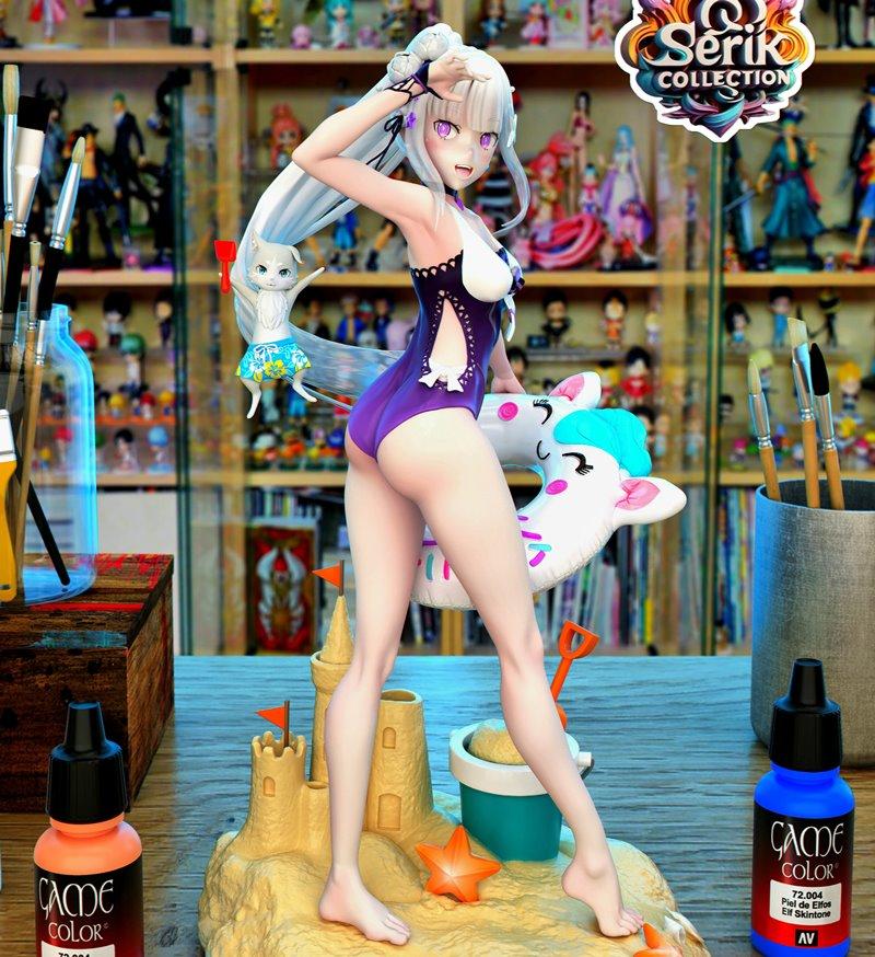 3D model figure of Emilia from Re:Zero in a purple swimsuit on a beach with Puck, a sandcastle, and a bucket.