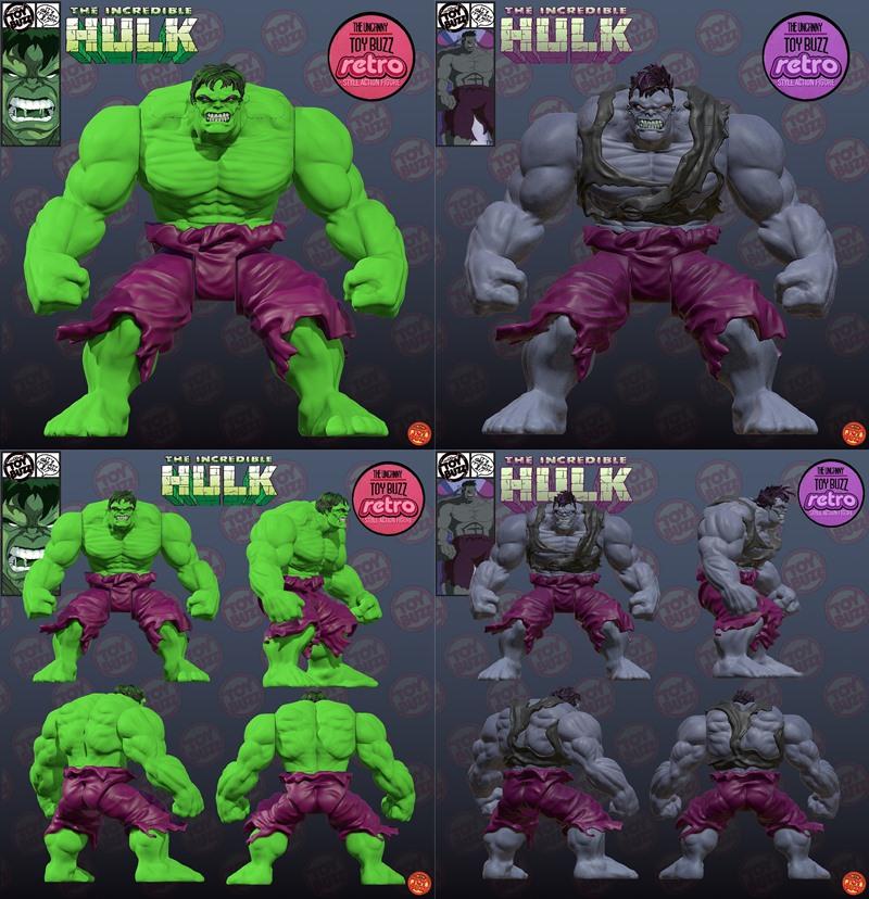 Green and grey Hulk 3D models in various poses, wearing torn purple pants, inspired by the 1996 animated series.