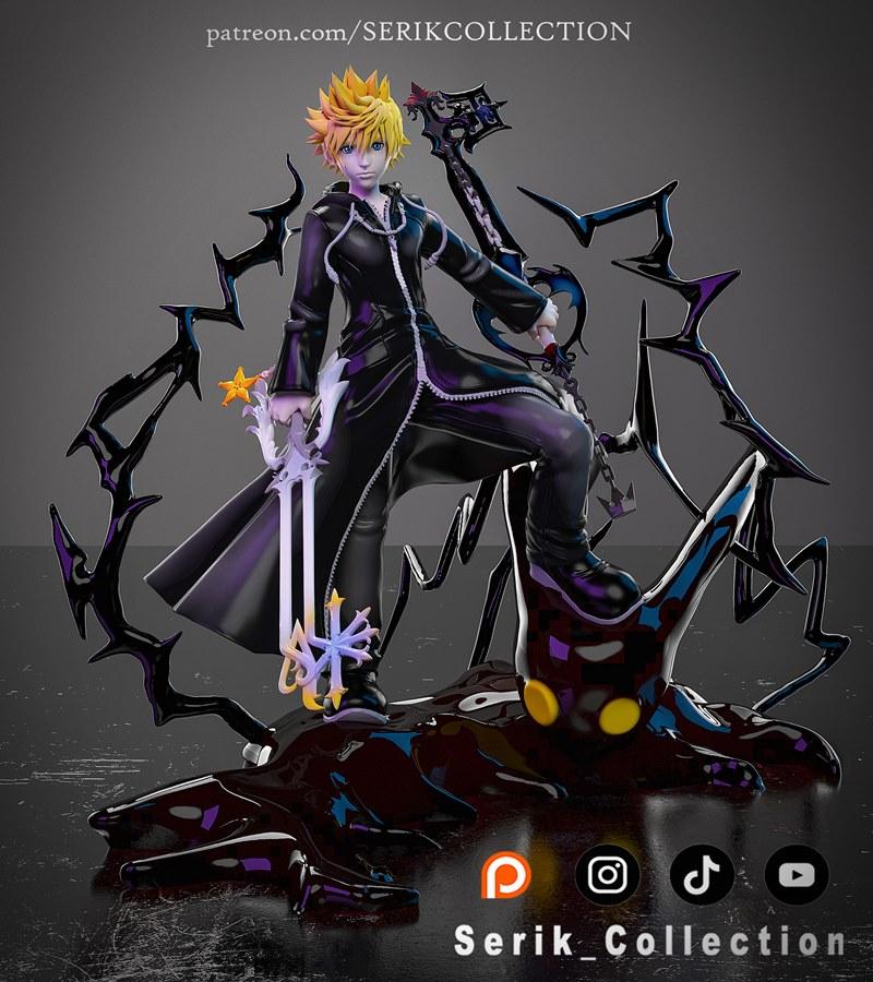 3D model of Roxas from Kingdom Hearts, wielding two Keyblades and standing on a dark, amorphous base with glowing yel...