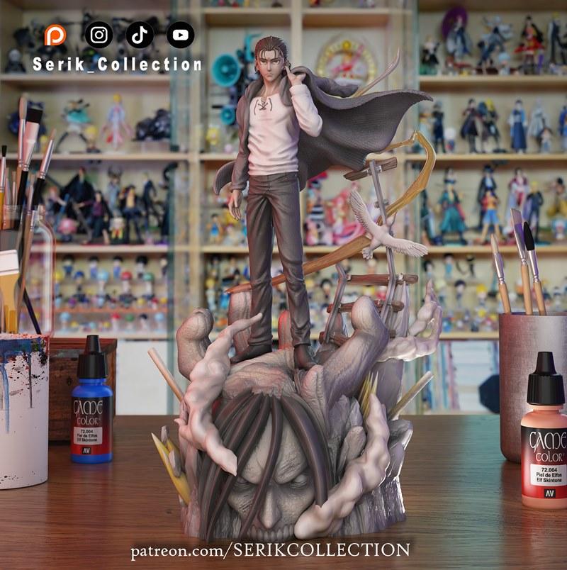 Eren Jaeger 3D model figure from Shingeki no Kyojin, standing on a diorama base with Titan elements and a bird.