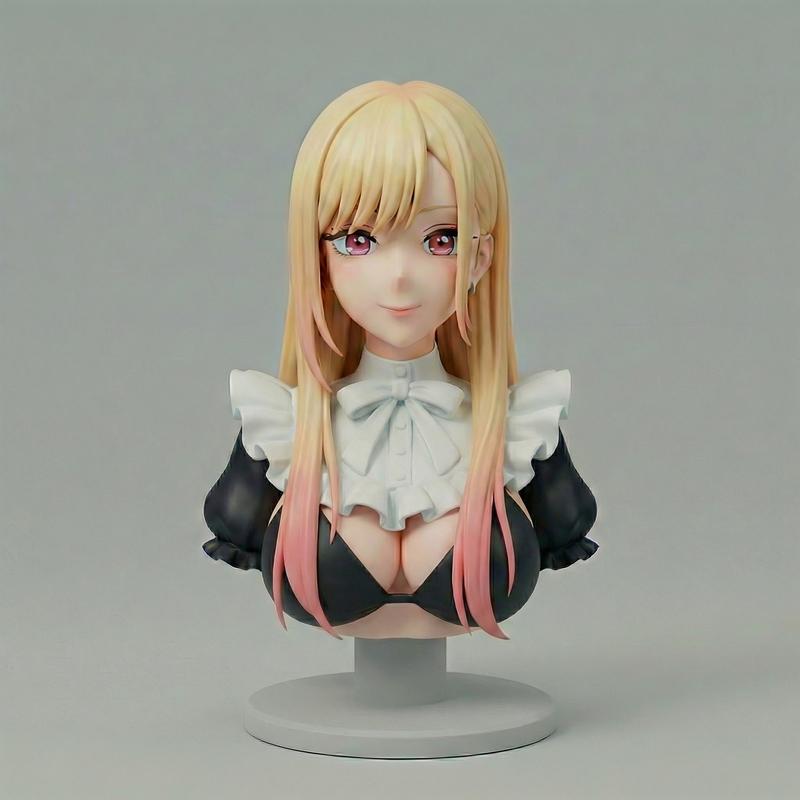 Marin Kitagawa succubus bust 3D model, blonde hair with pink tips, wearing a black bra and white ruffled maid collar.