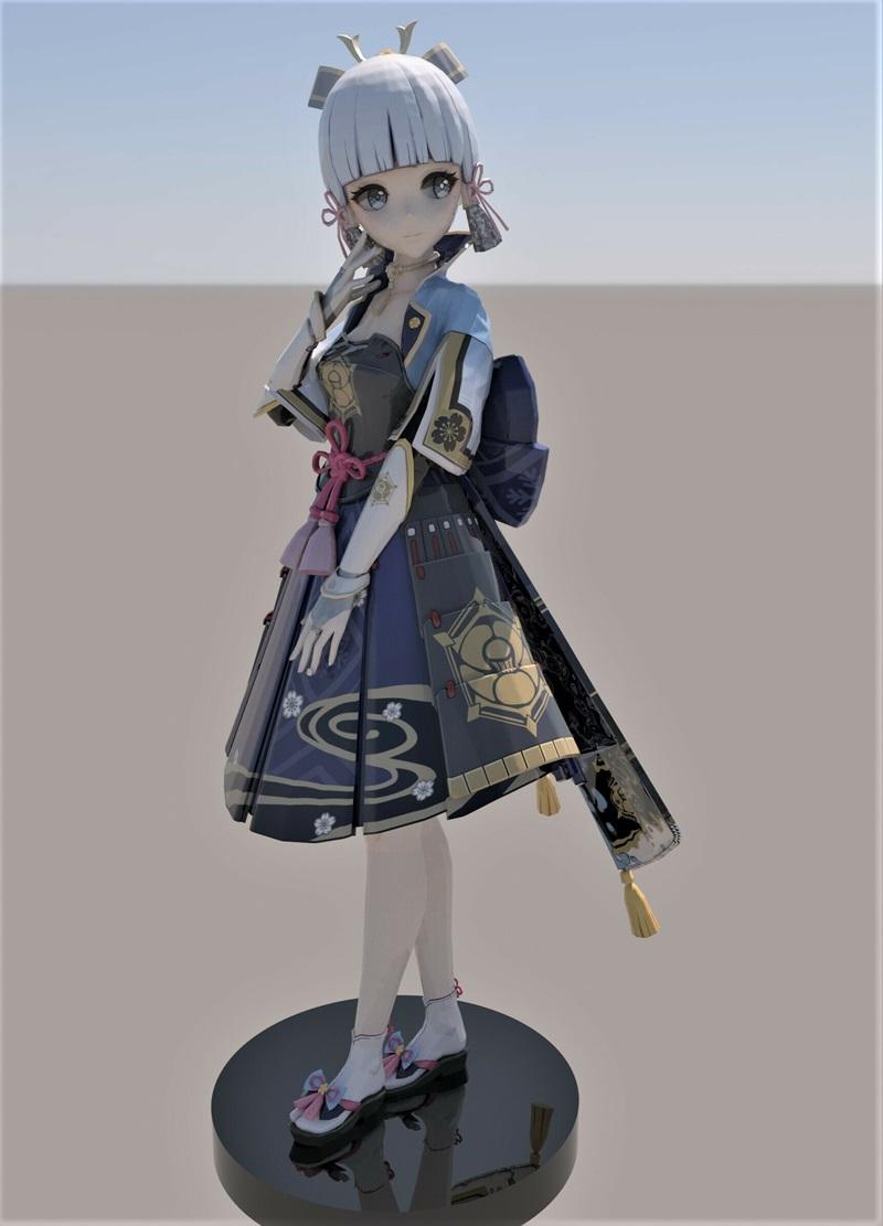 3D model figure of Kamisato Ayaka from Genshin Impact, depicted in anime style with white hair, blue and white kimono...
