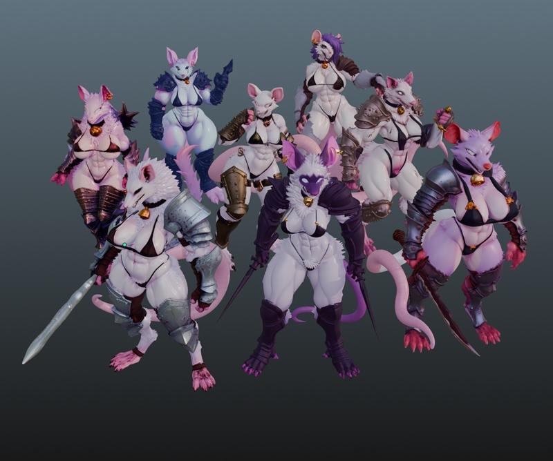 Group of anthropomorphic rat figures in revealing fantasy armor, holding swords and daggers.