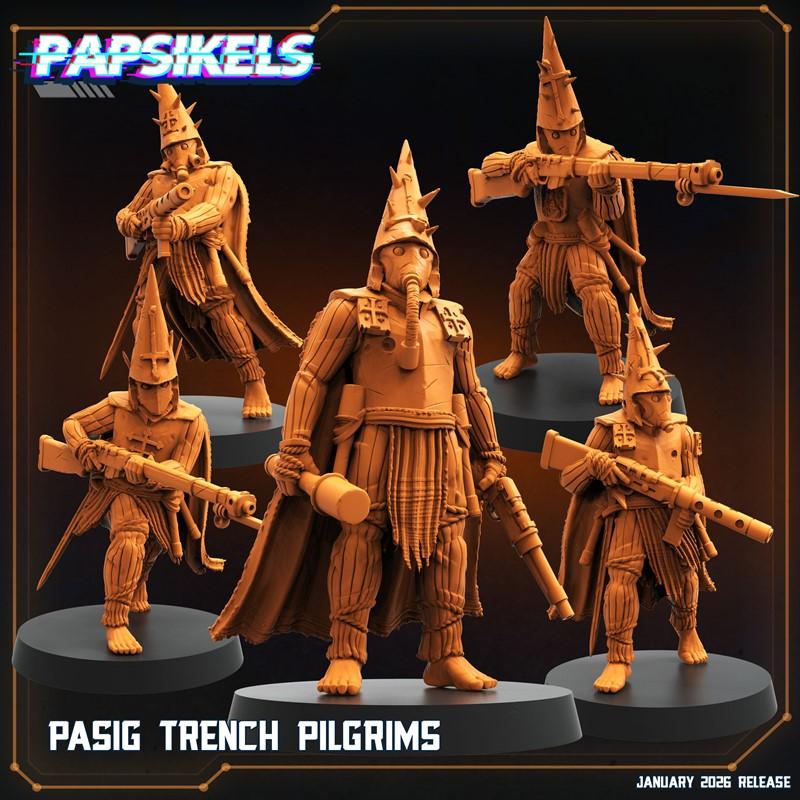 Five Pasig Trench Pilgrim miniatures by Papsikels Miniatures, each wearing conical helmets with spikes, gas masks, an...