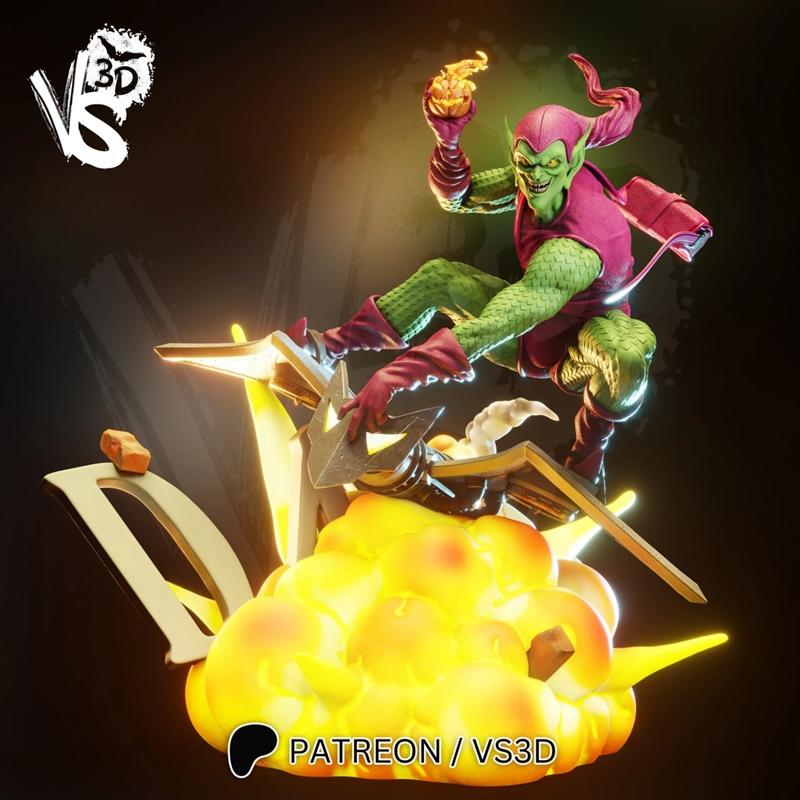 VS3D Green Goblin 3D model figure in flight on a glider, holding a pumpkin bomb, with an explosion base.