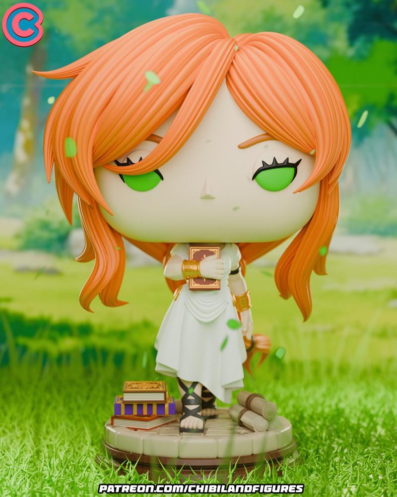 Chibi Flamme Funko 3D model figure with orange hair, green eyes, white dress, holding a book, on a base with books an...