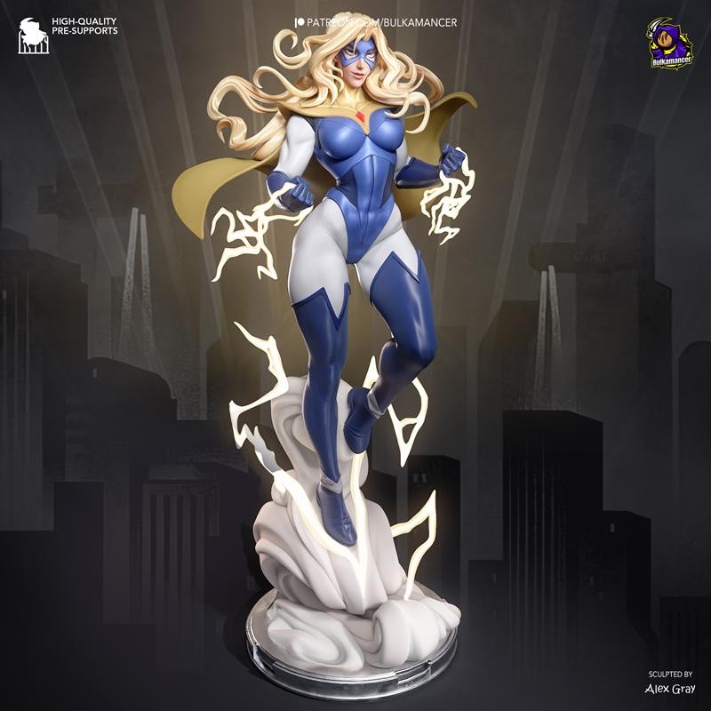 Bulkamancer Sculpts Blonde Blazer 3D model figure, female superhero in blue and white costume with yellow cape, hands...