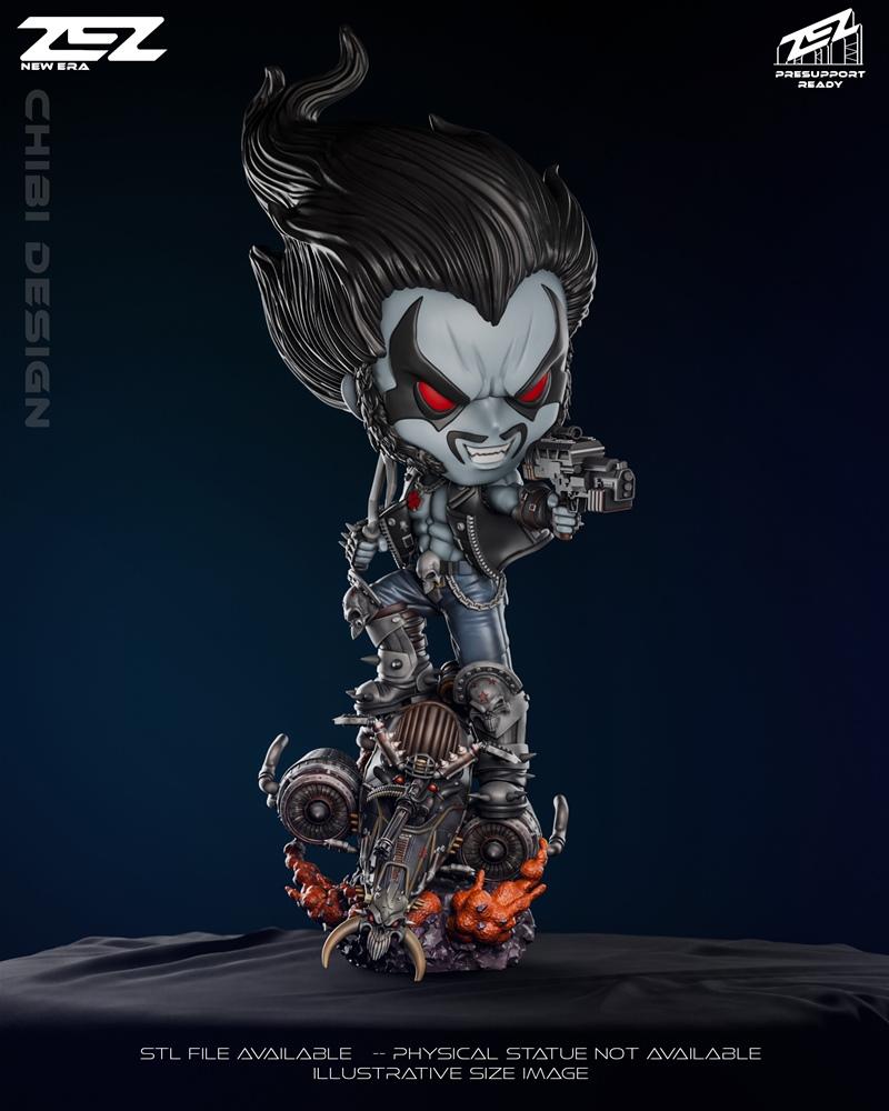 Chibi Lobo figure with guns, standing on a motorcycle with a demonic base, designed by ZEZ Studio.