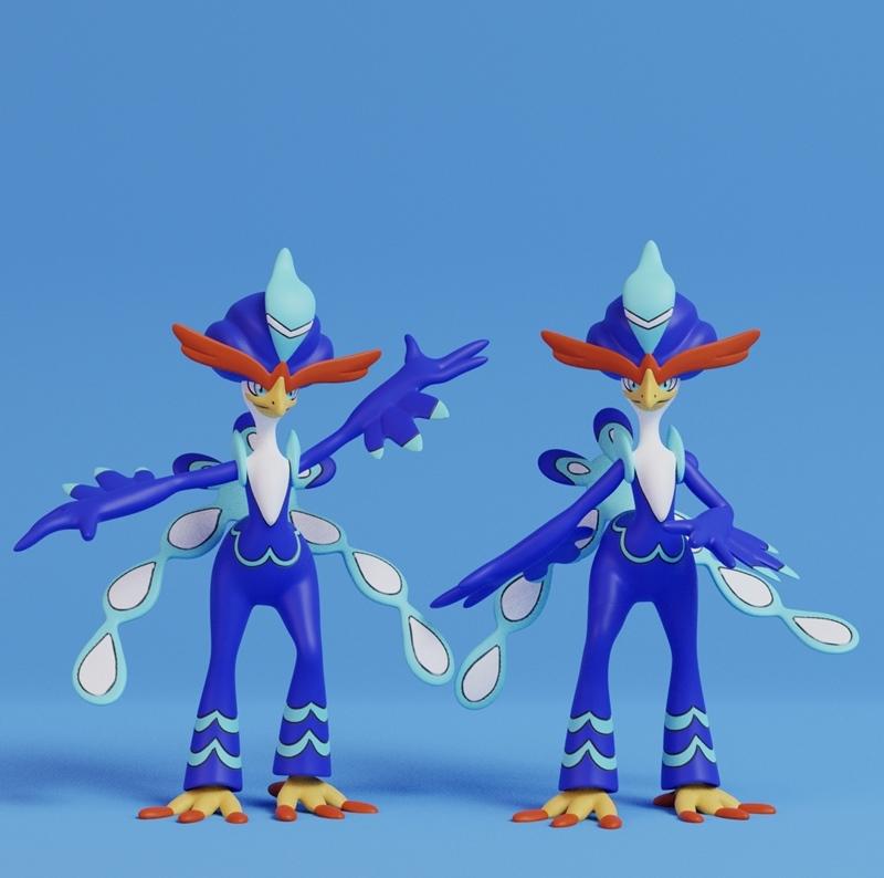 Two 3D models of Quaquaval, the Dancing Pokémon, standing against a blue background. Both figures are blue with orang...