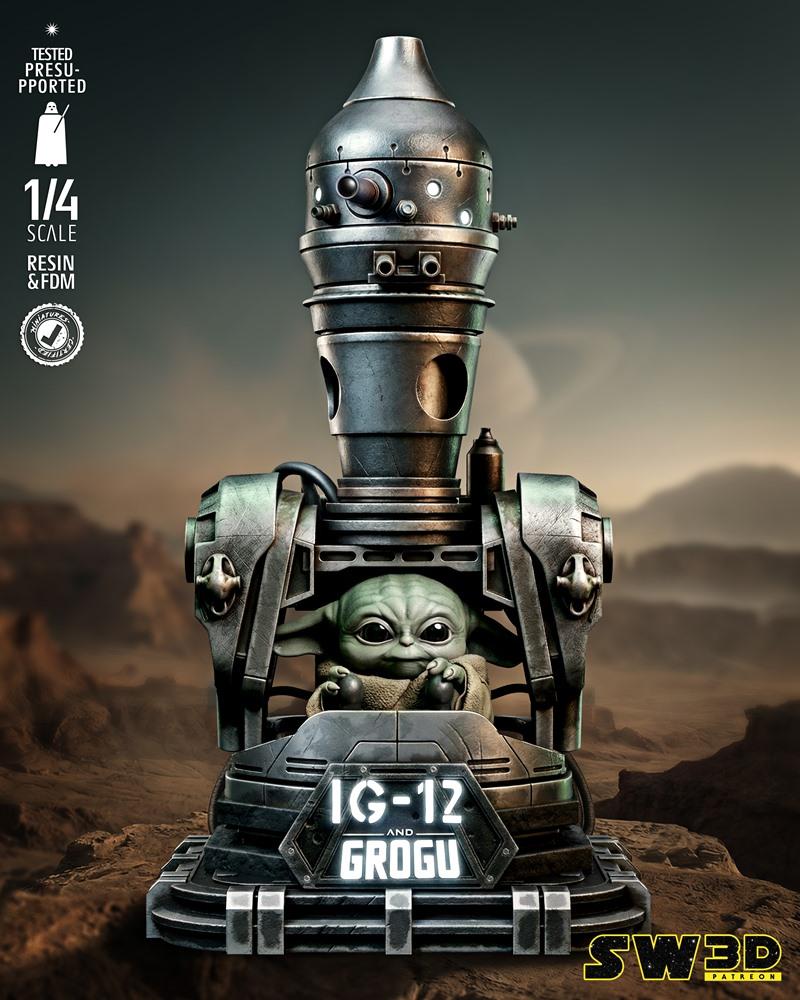 3D model bust portrait of IG-12 droid holding Grogu, with 'IG-12 AND GROGU' illuminated on the base. 1/4 scale, teste...