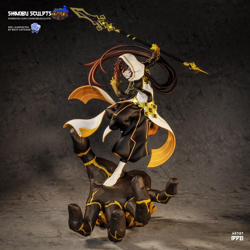 3D model figure of Genshin Impact's Zhongli, standing on a rocky hand base, holding a golden polearm, wearing a hoode...