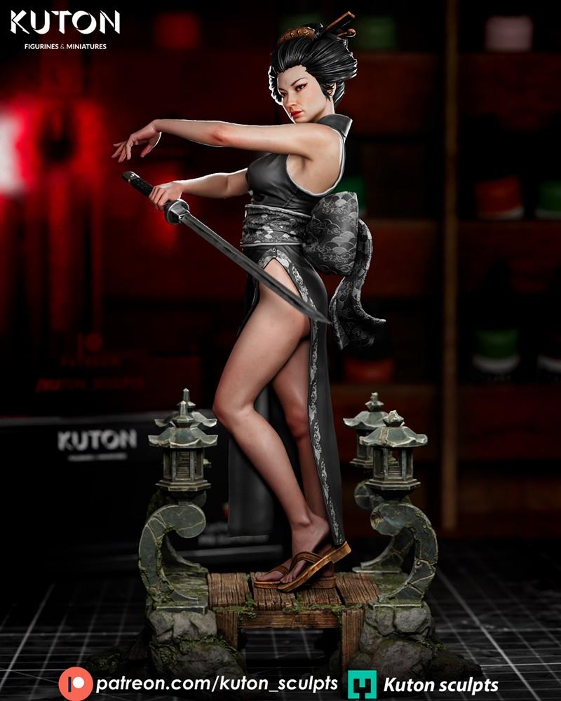 Hoshiko 3D model: woman in revealing black kimono with silver trim, holding a katana, standing on a Japanese-themed d...