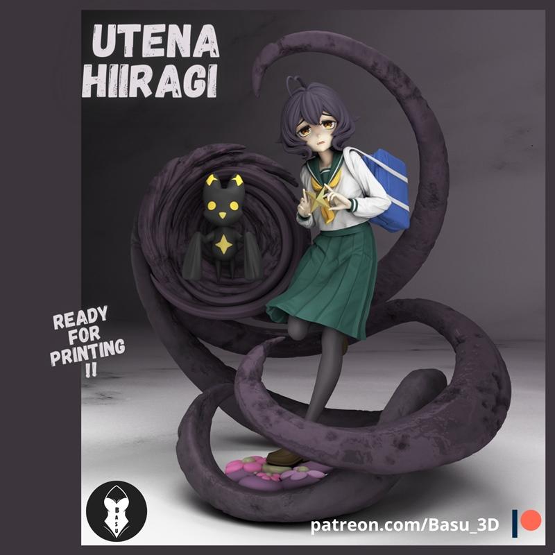 3D printable figure of Hiiragi Utena in anime style, wearing a school uniform and backpack, surrounded by dark tentac...