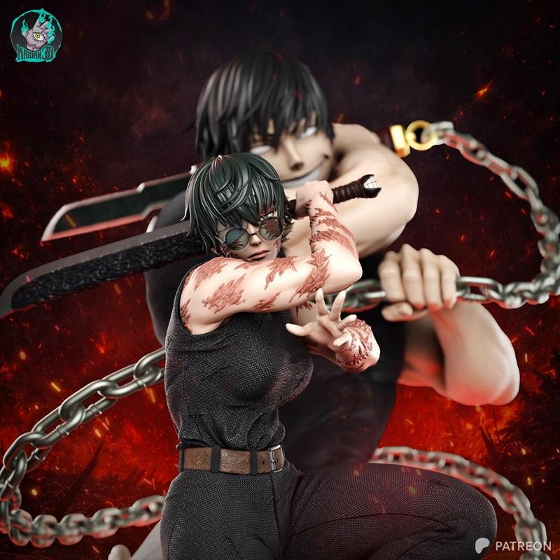 3D print figure of Maki Zenin and Toji Zenin from Jujutsu Kaisen, posed in combat with swords and chains.