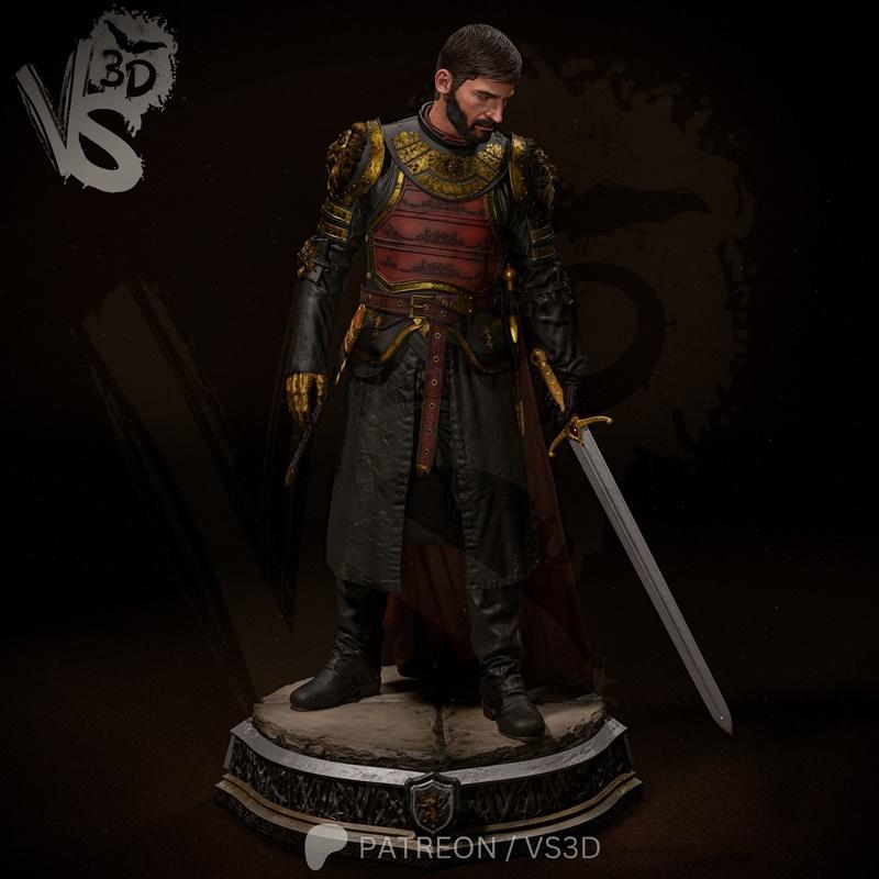 VS3D 3D model of Jamie Lannister from Game of Thrones, wearing ornate red and gold armor, holding a sword, standing o...