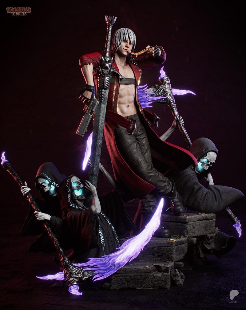 Dante from Devil May Cry, a demon hunter with white hair and a red coat, stands heroically with a large sword and pis...