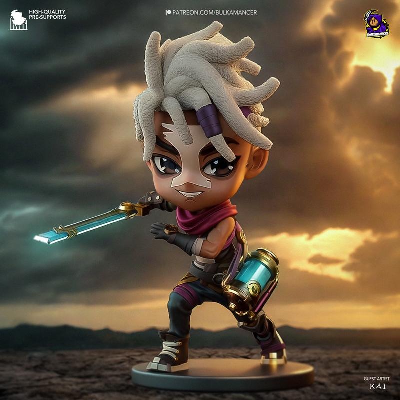 Chibi Ekko 3D model figure with glowing sword and cylindrical device, by Bulkamancer Sculpts.
