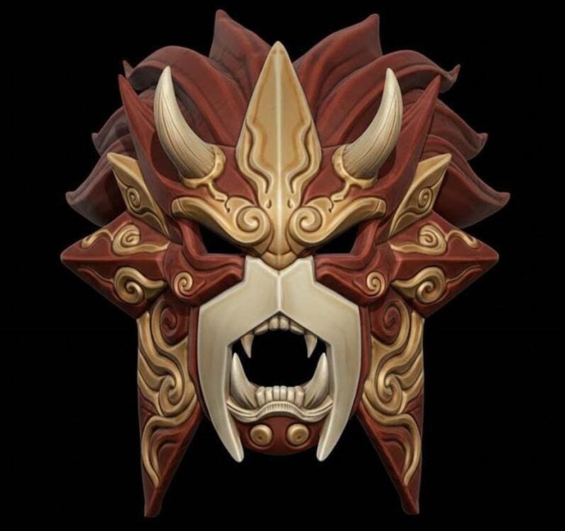 Ornate Entei Menpo mask with red and gold detailing, featuring horns, fangs, and swirling patterns.