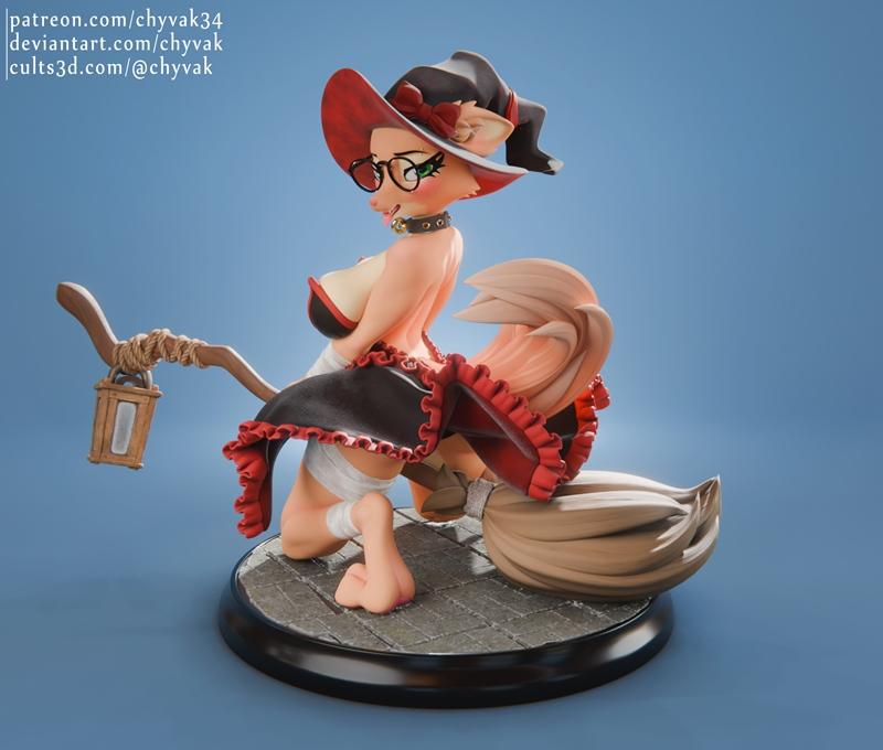 Anthropomorphic fox witch Diane Foxington riding a broomstick, holding a lantern, wearing a witch hat and glasses, on...