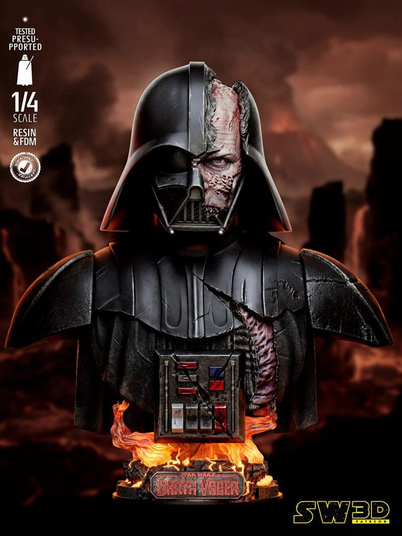 1/4 scale bust of Darth Vader with helmet damaged, revealing scarred face and torn armor. Rests on a fiery base with...