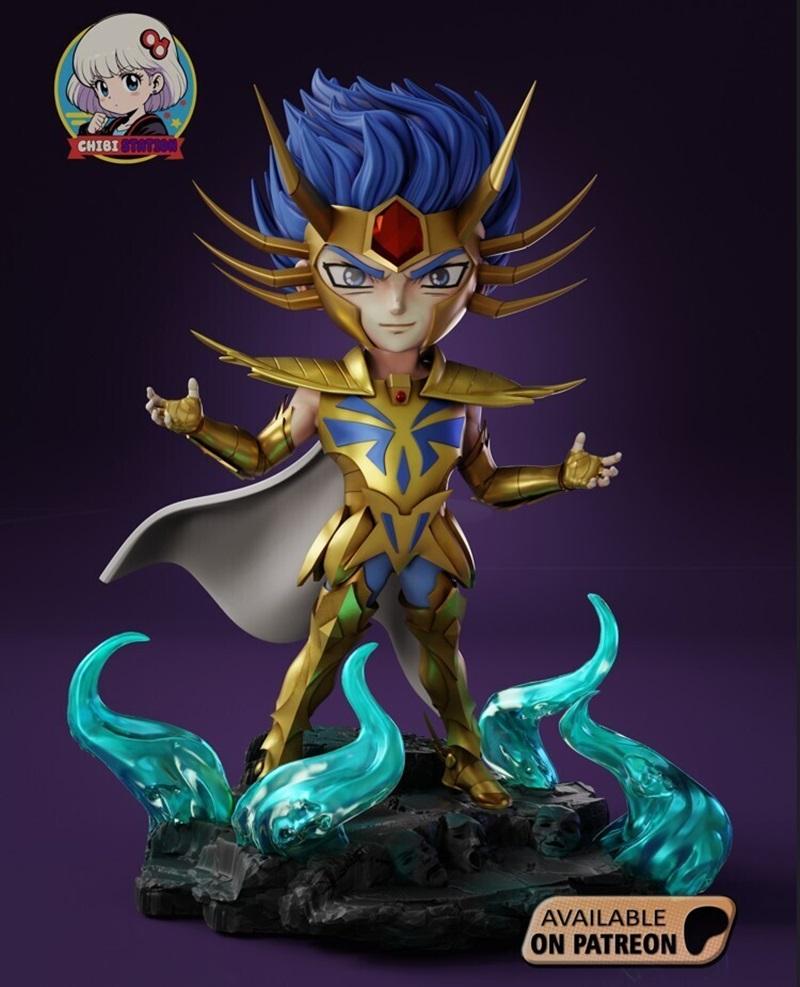 Chibi figure of Mask of Death from Saint Seiya, wearing golden armor and a horned helmet, with blue hair and a white...