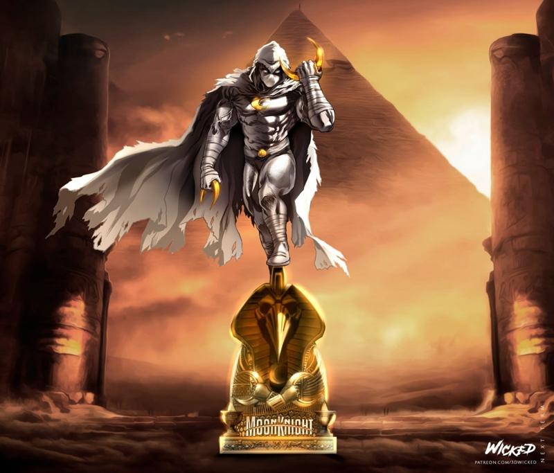 Moon Knight sculpture standing heroically on an Egyptian-themed pedestal, wearing a white costume with a tattered cap...