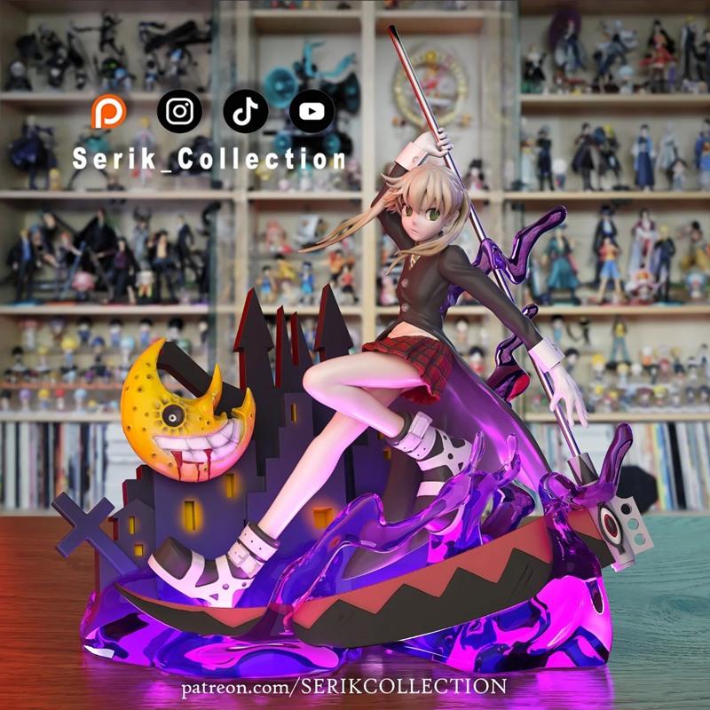 Maka Albarn figure from Soul Eater, wielding a scythe on a gothic diorama base with a moon and castle. Serik Collecti...